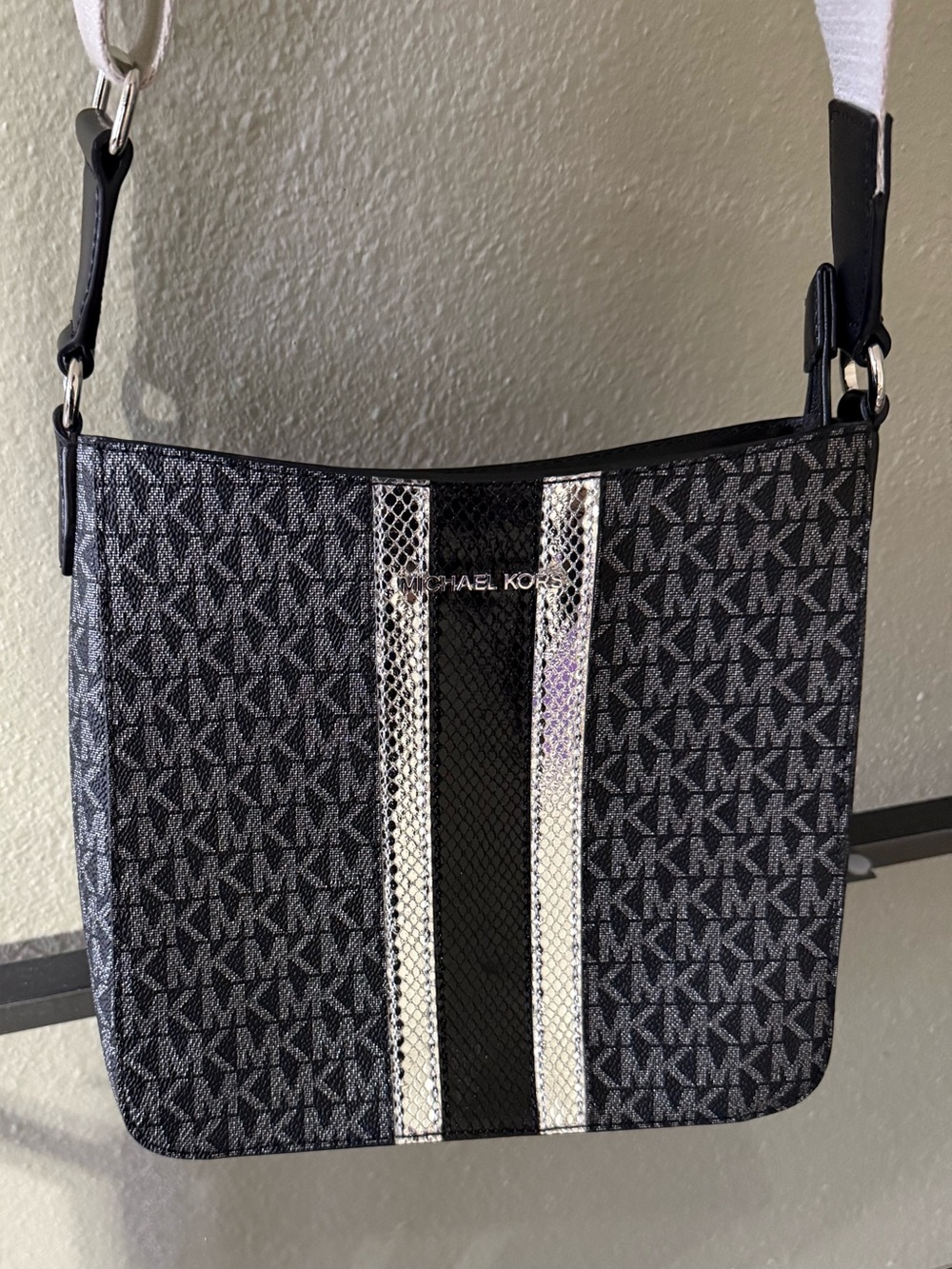 Michael Kors Black Signature MK Logo Striped Crossbody Bag